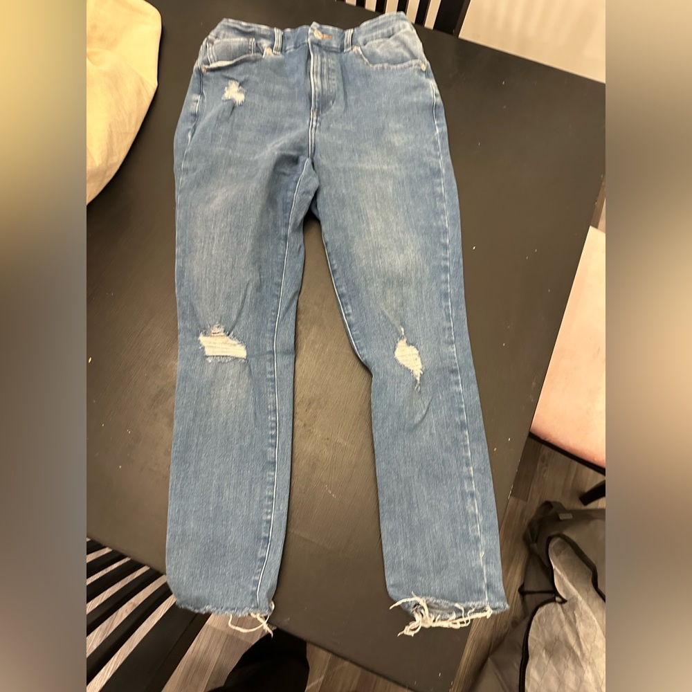 Express Light Blue Distressed Straight Leg Jeans